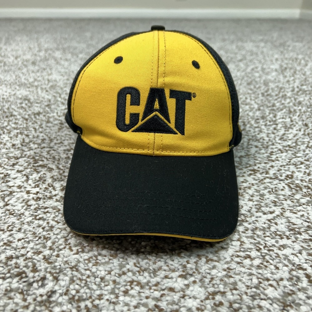CAT Hat Cap Strap Back Black Yellow Mesh Trucker VIP Mens Workwear Construction
